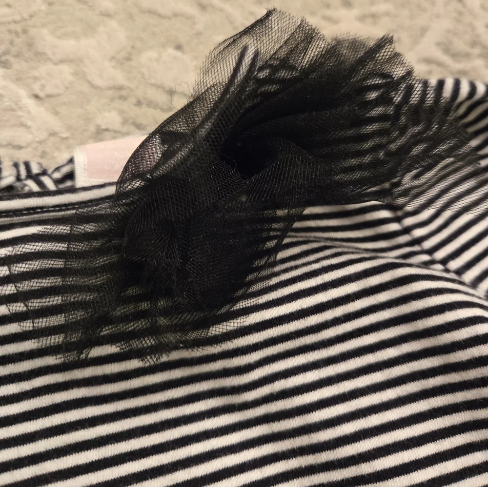 Janie and Jack black and white striped long sleeved top with tulle accent